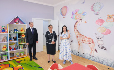 Heydər Əliyev Fondunun vitse-prezidenti Leyla Əliyeva Şamaxıda inşa olunan körpələr evi-uşaq bağçalarının açılışında iştirak edib